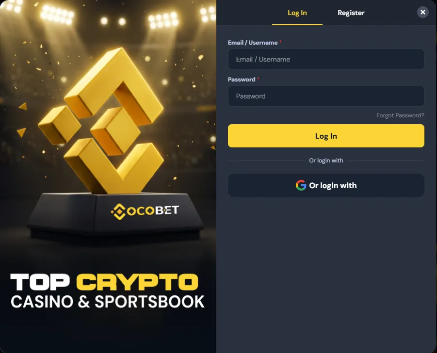 Cocobet login window with email or username and password fields