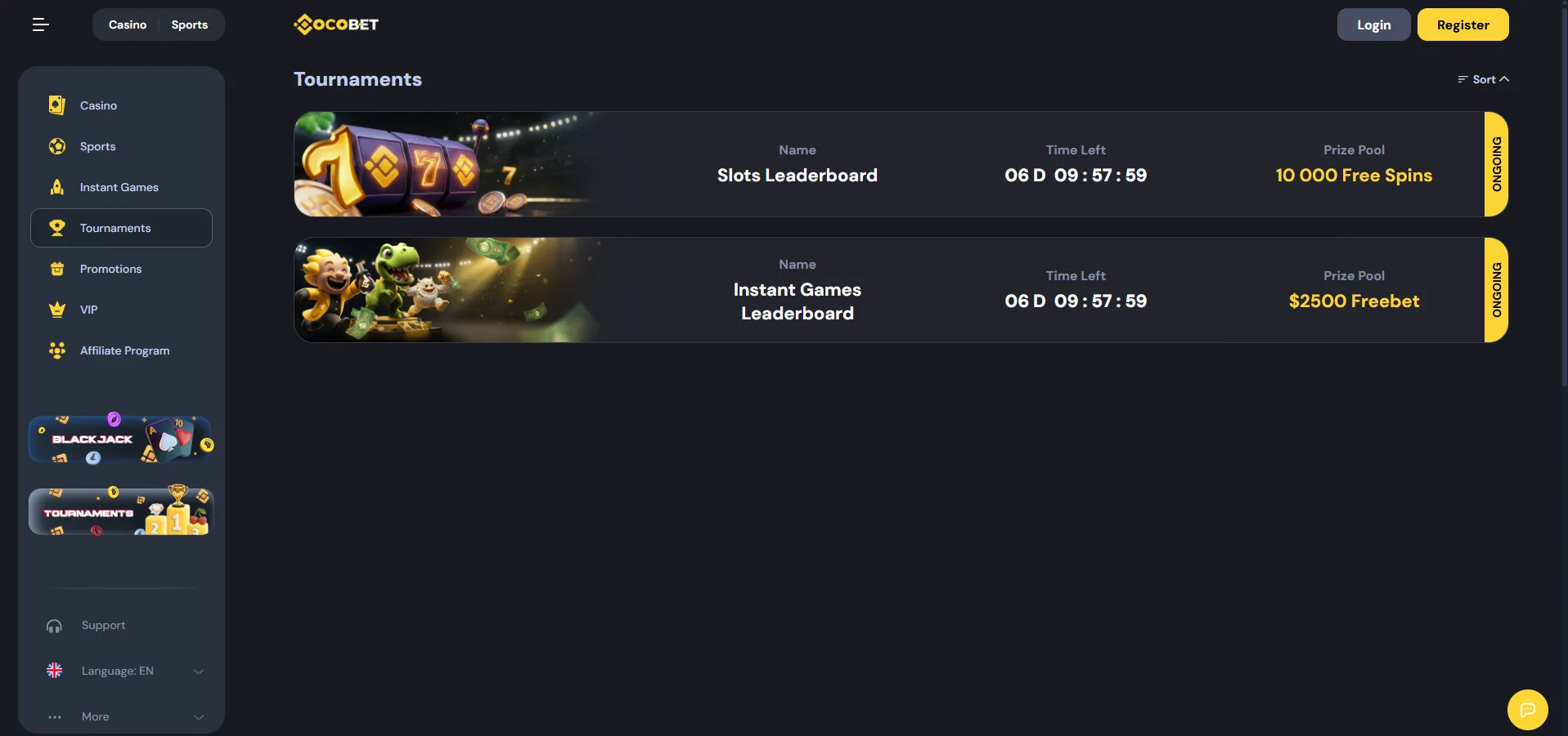Cocobet tournaments page showing the slots and instant games leaderboards