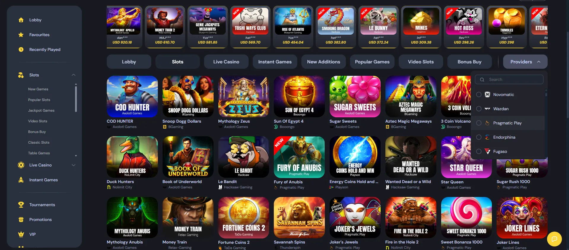 Cocobet provider filter showing studio logos in the game lobby
