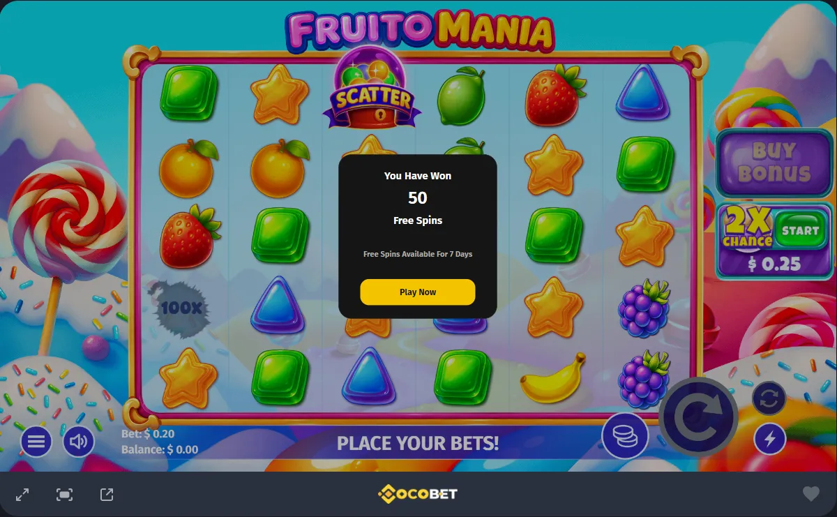 Sweet Bananas style slot at Cocobet awarding 50 free spins from the promo code
