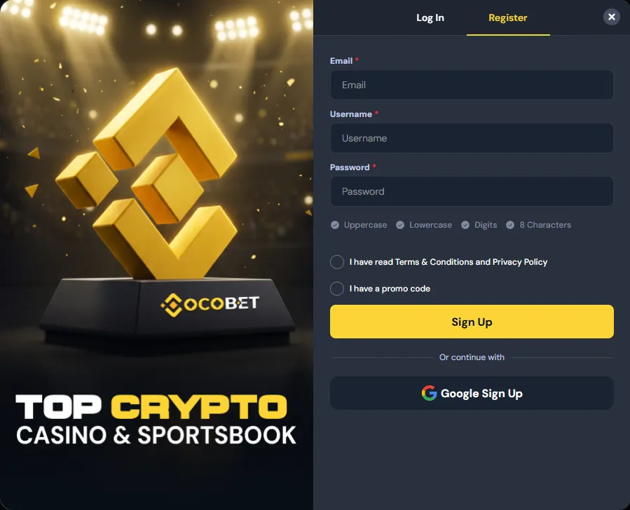 Cocobet sign up screen showing the Google Sign Up button