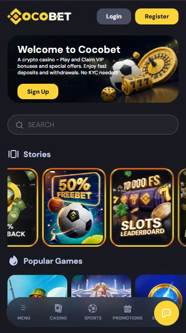 Cocobet casino lobby on mobile
